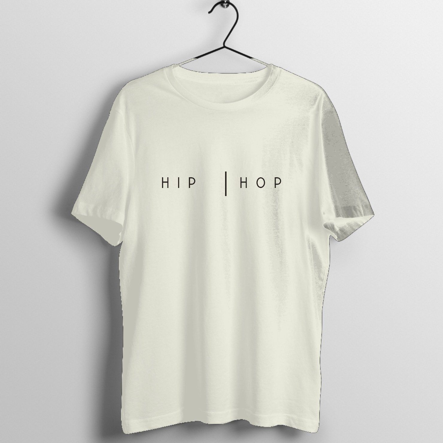 Minimalist black and white typography design spelling HIP HOP with vertical line accents on premium cotton hip hop graphic t-shirt - Front Mockup